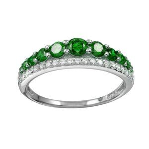 Sterling Silver 925 Rhodium Plated Semi Crown w/ Green and Clear CZ Stones Ring
